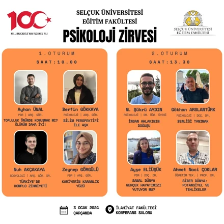 Bölümümüz öğretim üyelerinden Doç. Dr. Gökhan ARSLANTÜRK, Dr. Öğr. Üy. Muhammed Şükrü AYDIN ve araştırma görevlilerinden Arş. Gör. Berfin GÖKKAYA Eğitim Fakültesinin düzenlediği "Psikoloji Zirvesi"nde alanlarına dair sunumlar gerçekleştirmiştir.